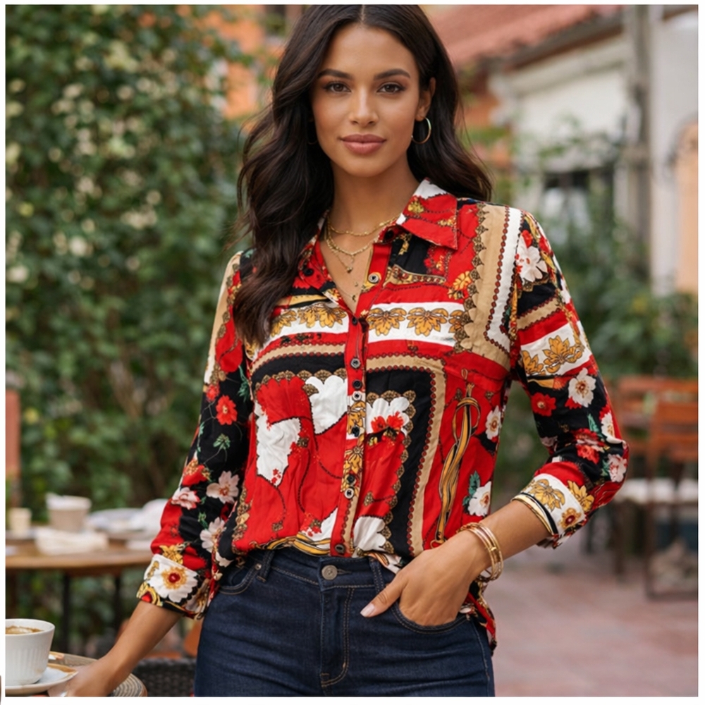 7th Avenue New York & Company Red Floral Patchwork Blouse